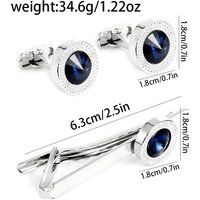 Classic Modern Mens Blue Crystal Round Cufflinks&Tie Clip Set Whale Back Closure Formal Party Jewelry