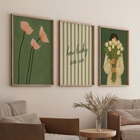 3pcs Green Romantic Love Quotes Posters - Frameless Vintage Striped Minimalist Floral Bohemian Wall Art for Bedroom Decortions