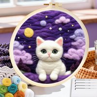 CHENISTORY Cat Wool Painting Create Wall Art Artwork Animal Felt Needle Gift Embroidery Starter Kit
