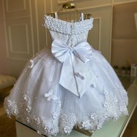 Cute White Pearls Flower Girls Dress Customized First Birthday Princess Bow Back Tulle Christmas New Ball Gown Photoshoot Party