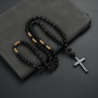 Cool Black Round Beads with Golden Color Spacer Beaded Cross Pendant Necklace for Men and Women
