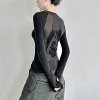 Korean Fashion Print Back Mesh Splicing Tops Autumn Long Sleeve Streetwear T Shirt Women Clothes Y2k Slim Backless T Shirt Femme