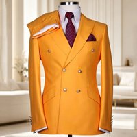 Men‘s serge Suit 2 Piece Double Breasted Slim Fit Peak Lapel gold button high quality Formal Blazer Pants Formal Business Weddin