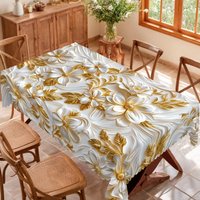 1 Piece of Vintage Floral Round Tablecloth, Available in Various Sizes, 3D Embossed White Flowers and Gilded Leaves Intertwined, Delicate Printed Round Tablecloth with Soft Texture Backing, Embossed