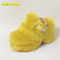 Yellow Furry Fur Back Strap Platform Pumps Round Toe Thick Sole Shallow Belt Buckle Solid Casual Slippers Plus Size 2024 Winter