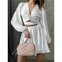 Fashion Two Piece Set Women Long Sleeve Sexy V-neck Waistband Cardigan Tops Casual Comfortable All-match Solid Color Shorts Suit