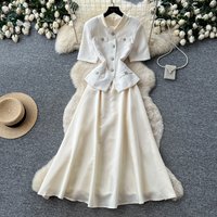 Women Solid Dresses A Line Pleat Dress Ankle Lenth Short Sleeves O Neck Zipper Waist Cinch Slim Office Lady Elegant 2026 Summer
