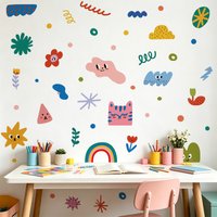 Boho Shapes Wall Decal Set, Colorful Modern Kids Room Wall Stickers, Removable Clouds & Rainbows for Nursery Toddler Bedroom