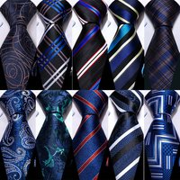 Barry.Wang Blue Men Silk Tie Handkerchief Cufflinks Sets Formal Plaid Woven Suit Necktie For Male Business Party Designer 5441