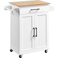 White Rolling Kitchen Trolley with Bamboo Top, Storage Cart featuring Towel Bar & Spice Rack for Kitchen or Dining Area