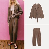Women's Fashion Summer Suit Set with Belted Striped Jacket Long Cuffed Pants Regular Sleeve Length Zadata Brand