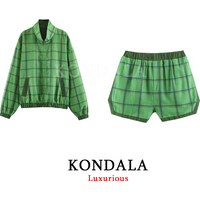 KONDALA Vintage Casual Chic Women Shorts Suit Patchwork Plaid Zipper Pockets Top Straight Shorts Fashion 2026 Summer Beach Suit