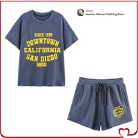 Women Comfy Text Print Short Sets Summer Sport Co-ord Set Washed Effect Text Plush Short Sleeve Sweatshirt and Drawstring Shorts