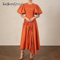 TWOTWINSTYLE Solid Spliced Folds Chic Dress Female O Neck Short Sleeve Loose French Vintage Women's Dresses Summer Fashion New