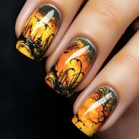 Medium square fake nails for women Gradient yellow green mysterious forest for Halloween Full cover press on acrylic false nail