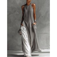 Women Strappy Maxi Dress Vest Type Color Block Summer Beach Dress Loose Casual Halter Neck Pocket Long Dresses Boho Vestidos