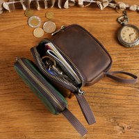 Genuine Leather Coins Purse with Keychain, Mini Change Holder Cards Bag Zipper Closure Multifunctional Storage Bag for Men Women