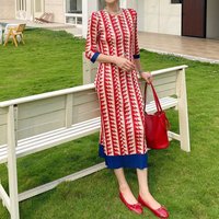 retro printing pleated dress spring and summer women's vacation style slightly fat and thin straight skirt temperament