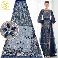 2026 Luxury French Mesh Beaded Stone Lace Fabric Navy Blue African Nigerian Gemstone Sequins Lace Fabric Sewing Wedding Dress