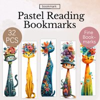 32pcs, Art Illustration Floral Cat Bookmark, a loving gift for bookworms, friends, and teachers, DIY decorative page marker