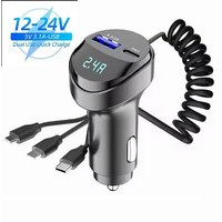 3 in 1 USB Car Charger 2 Ports 55W Fast Charging Multi-function USB Retractable Charging Cable with LED Voltage Display Adapter