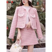 Elegant Slim Tweed 2 Piece Sets Women O-neck Single Breasted Jackets Tops Conjuntos Casual High Waist Short Skirts Outfit New