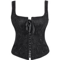 Black Floral Embroidered Square Strap Corset Top Front Metal Busk Back Lace Up Structured Bustier for Women
