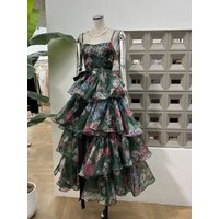 Summer New Hot Holiday Flower Women's Outfit Nightclub Thin Ruffle Evening Party Celebrity Design Tank Top Two Piece Set Dress