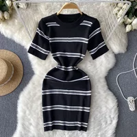 Strip Summer Knitted Beach Short Dress Short Sleeves o Neck Elastic Bodycon Sundress Korean Streetwear Slim Sexy Mini Dress