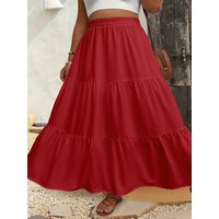 Women's Plus Size Burgundy Tiered Ruffle Maxi Skirt Elastic Waist Casual Boho Skirt