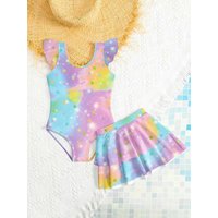 Kids Girls 2 Piece Rainbow Star Print One Piece Swimsuit with Skirt Cover Up Summer Beach Swimwear