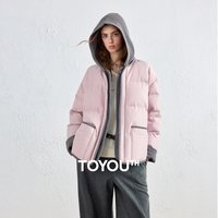 TOYOUTH Women Fake Two‑Piece Corduroy Hooded Down Jacket 2026 Winter New Preppy Sporty Light Warm Outerwear