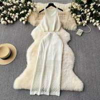 New Style Knitting Solid Color Tank Top Texture Slit Dress Ladies Beach Sunscreen Dress Suit Hollow Out Beachwear Cover Up