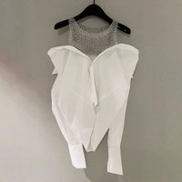 French autumn temperament mesh stitching long-sleeved off-the-shoulder sexy shirt two high-end design tops shoulder shirt
