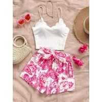 Women's Pink Curved Hem Camisole and Animal Print Two-Piece Outfit
