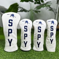Golf club head cover with prominent "SPY" lettering and golfer silhouette - white, stylish and durable golf accessory