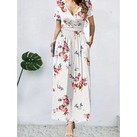 Spring and summer new style fashionable and elegant short-sleeved wrap waist V-neck women's dress with pockets