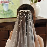 TOPQUEEN V180 Elegant Pearl Wedding Veil Fingertip Length Bridal Veil White Cream With Comb Wedding Accessories Customizable