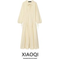 Summer 2026 New Women's Long Sleeve round Neck Pleated Maxi Dress Elegant Slim Fit City Commute Casual Style Simple Design