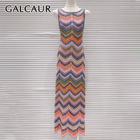 GALCAUR Colorblock Slimming Causal Dress for Women Round Neck Sleeveless Patchwork Stripe Midi Dresses Female Fashion New Style