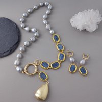 YYGEM 14x15m Freshwater Gray Pearl 18x23mm Kyanite Teardrop Pendant Collar Necklace Earrings Set