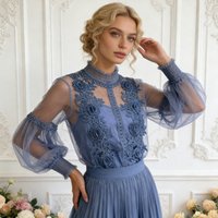 Vintage Lace Women's Shirt Sweet Flower Perspective Mesh Lantern Sleeve Women's Blouses Pullover Elegant Top Solid Ladies Shirts