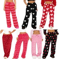 Women Heart Print Plush Pajama Pants Fuzzy Wide Leg Drawstring Loungewear Bottoms Y2k Flannel Valentines Pj Trousers