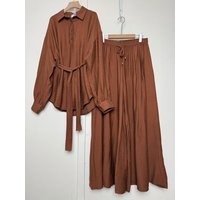 Designer retro solid color lapel tie waist pullover shirt two-piece 2026 spring ladies+loose wide-leg pants skirt fashion suit