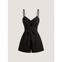 Black twist cutout cami romper,French style waist tie black short jumpsuit,Designer knot tie strap jumpsuit