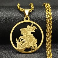 Saint George PROTECT US Hollow Pendant Necklace for Women Men St.George Round Stainless Steel Chain Necklaces Christian Jewelry