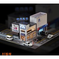Diorama 1:64 Die-cast Car Garage Model Seafood shop Lighting City Street Parking garage Scene Display Gifts