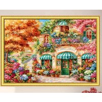 Street Flowers Shop Printed Cross Stitch 14CT 9CT Embroidery DIY Needlework Set Crafts With Needles Threads 62 Colors