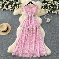Elegant Sexy O-neck rhinestone A-line High Waist Dress Vacation Vestidos Slim Women Party women clothing