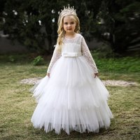 Spitze Langarm weiß Brautjungfer Kleid für Mädchen Kinder Prinzessin Abendkleider Kinder Mädchen Hochzeits feier Kostüm Kleidung